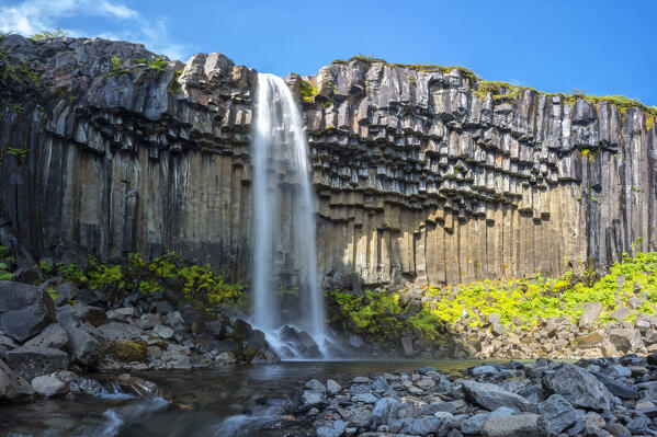Panoramic view of Svartifoss waterfalls during a summer day, Austurland, Iceland, Europe