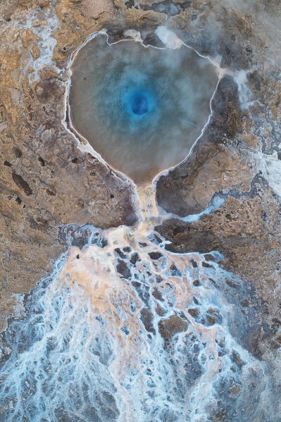 aerial vertical view taken by drone of thermal Geysir area during a summer day, Sudurland, Iceland, Europe 