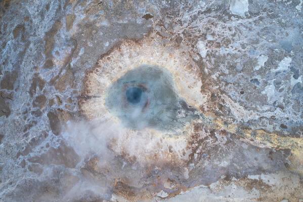 aerial vertical view taken by drone of thermal Geysir area during a summer day, Sudurland, Iceland, Europe 