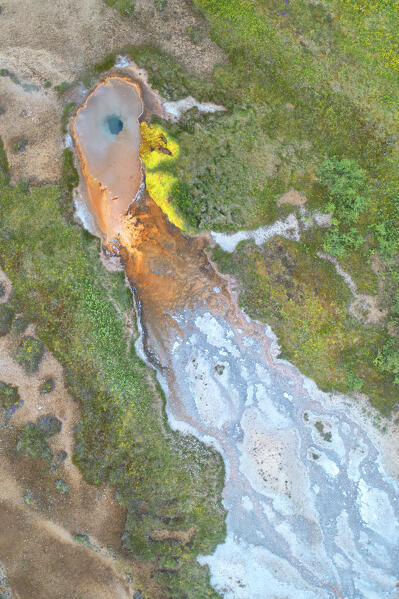 aerial vertical view taken by drone of thermal Geysir area during a summer day, Sudurland, Iceland, Europe 
