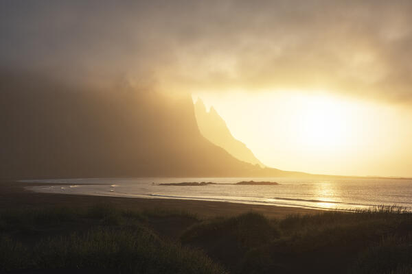 amazing summer sunrise at Vestrahorn mountain, Stokksnes, Hofn, Eastern Iceland, Iceland, Europe.