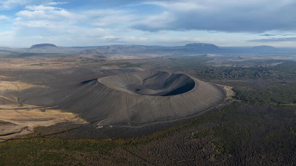 aerial view taken by drone of Hverfjall volcano during a summer day, Norduland, Mivathn, Eastern Iceland, Iceland, Europe.