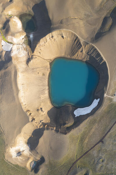 aerial vertical view taken by drone of Krafla Mivathn volcano during a summer day, Norduland, Mivathn, Eastern Iceland, Iceland, Europe.