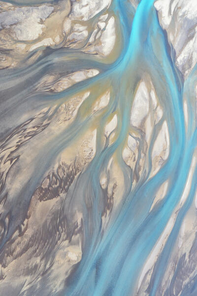 aerial abstract taken by drone of icelandic river during a summer day, Sudurland, Iceland, Europe