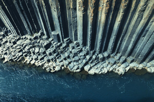 aerial view taken by drone of Studagil canyon, during a summer day, Austurland, Eastern Iceland, Iceland, Europe.