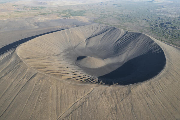aerial view taken by drone of Hverfjall volcano during a summer day, Norduland, Mivathn, Eastern Iceland, Iceland, Europe.
