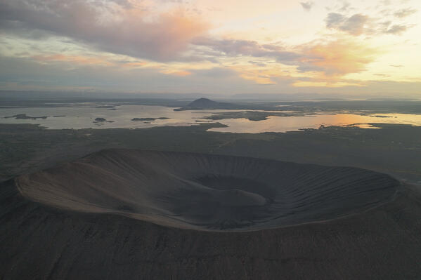 Aerial view taken by drone of Hverfjall volcano, near to Myvatn lake, Nordurland eystra, Iceland, Europe