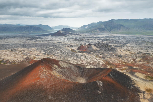 Aerial view taken by drone of volcanic area in Snaefellsness peninsula, Vesturland, Iceland, Europe
