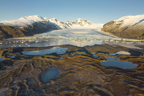 aerial view taken by drone of Skaftafellsjokull glacier, Austurland, Iceland, Europe