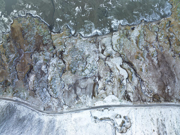 aerial abstract taken by drone of icelandic river during a winter day, Austurland, Iceland, Europe