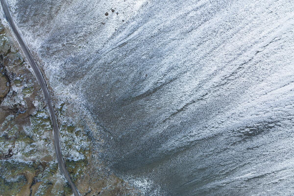 aerial abstract taken by drone of icelandic river during a winter day, Austurland, Iceland, Europe