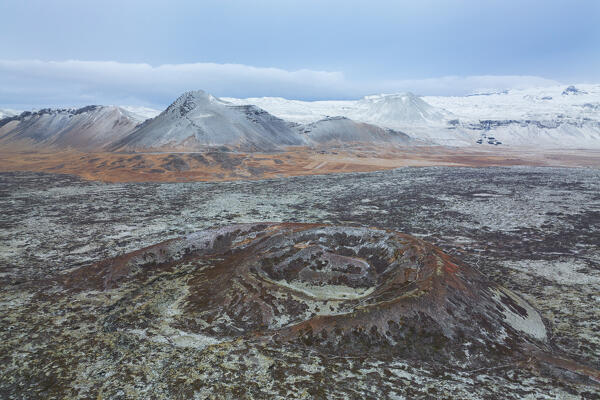 aerial view of old volcano taken by drone, Snaefells Peninsula, Vesturland, Iceland, Europe