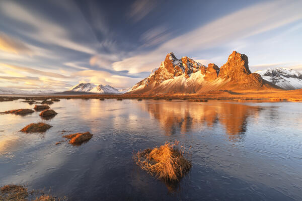 A long exposure to take a sunset at Eystrahorn mountain, during a cold winter day, Hvalnesviti, Southern Iceland, Europe