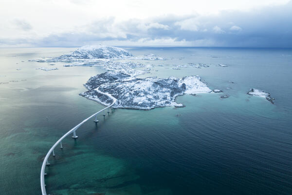aerial view taken by drone of Sommaroy island during a cloudy winter day, Troms county, northern Norway, Europe