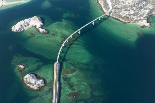 aerial view taken by drone of bridge to connect Sommaroy island at mainland, Troms county, northern Norway, Europe