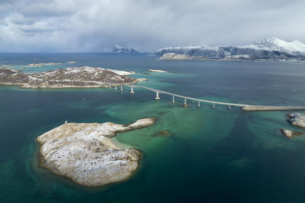aerial view taken by drone of Sommaroy island during a sunny winter day, Troms county, northern Norway, Europe