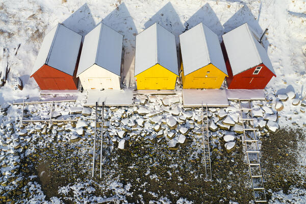 aerial view taken by drone of classic buildings along the norway coast, Troms, Norway, Europe