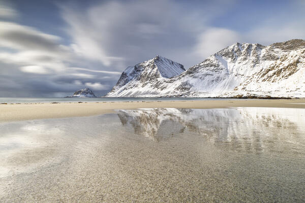 a long exposure to capture the afternoon light at Haukland beach during an winter day, Vestvagoy, Lofoten island, Norway, Europe