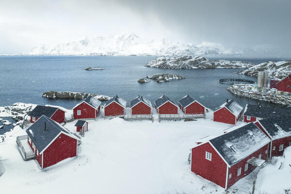 panoramic aerial view taken by drone in a little fisherman village near to Leknes bay during a winter day, Vestvagoy, Lofoten island, Norway, Europe