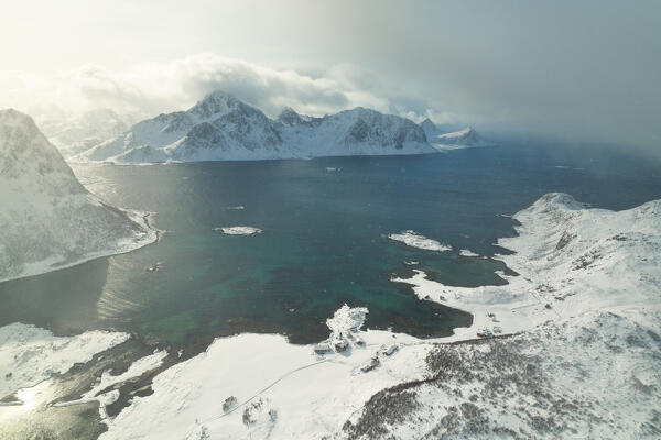 panoramic aerial view taken by drone at Vagspollen during a winter day, Vestvagoy, Lofoten island, Norway, Europe