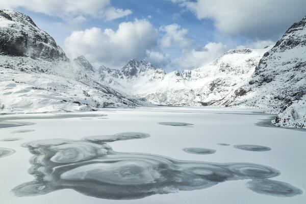 aerial view taken by drone of an frozen fjord near to A i Lofoten, Lofoten island, Norway, Europe