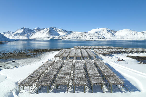 aerial view taken by drone of typical wood structure for drying cod near to Ramberg beach, Ramberg, Lofoten island, Norway, Europe