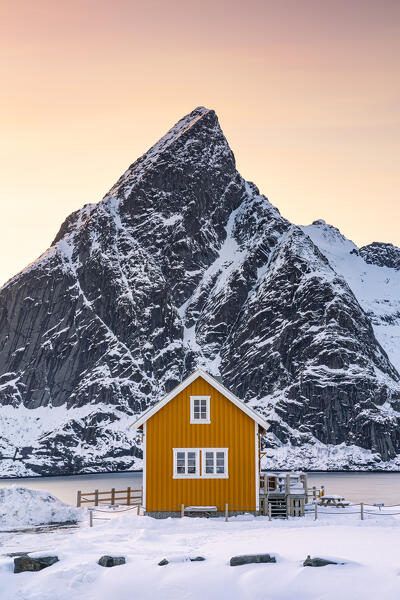 Yellow Rorbu with majestic Olstind peak covered with snow on background, Sakrisoy, Reine, Nordland, Lofoten Islands, Norway, Europe
