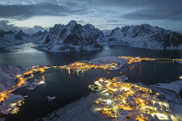 aerial view taken by drone of Reine bay during an winter blue hour, Reine, Lofoten Island, Norway, Europe