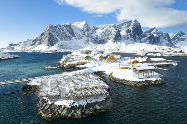 Winter day in Sakrisoy village with mountain peak covered with snow, Lofoten Islands, Norway, Europe