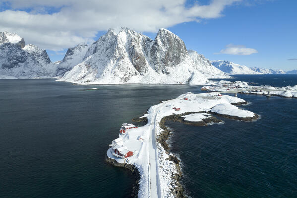 Winter day in Hamnoy village with mountain peak covered with snow, Lofoten Islands, Norway, Europe