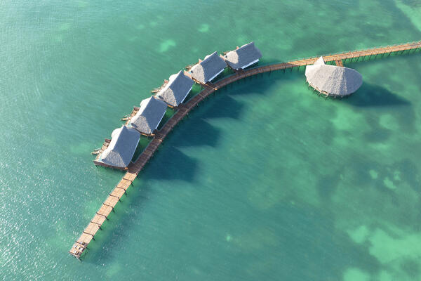 aerial view taken by drone of an majestic resort over the blue sea, Zanzibar, Tanzania, Africa
