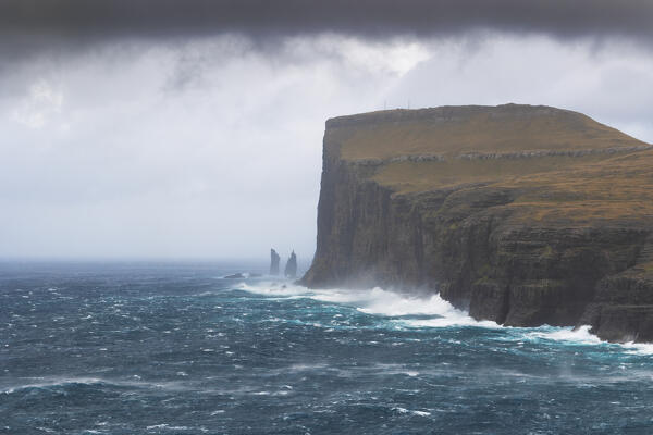 Small waterfall and Tjørnuvik village, Sunda municipality, Streymoy, Faroe Islands, Denmark, Scandinavia