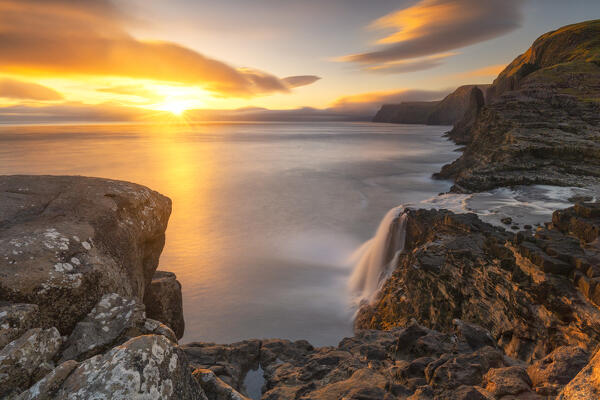 Bøsdalafossur waterfall from Sørvagsvatn at sunset, Vagar, Faroe Islands, Denmark, Scandinavia