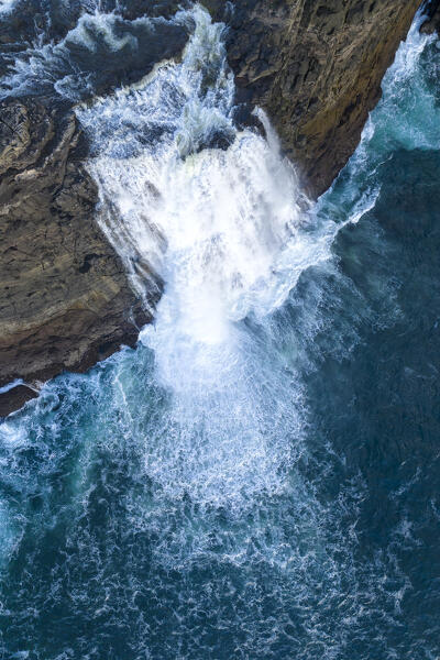 aerial view taken by drone of Bøsdalafossur waterfall, Vagar, Faroe Islands, Denmark, Scandinavia