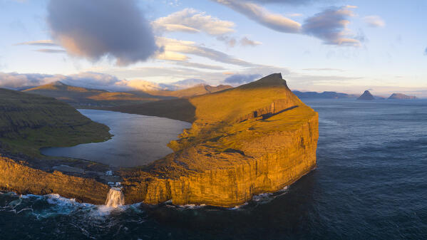 aerial panoramic view taken by drone of Sørvagsvatn during sunset, Vagar, Faroe Islands, Denmark, Scandinavia