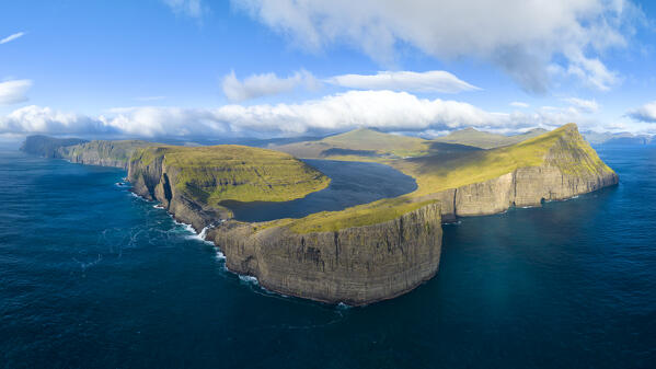 aerial panoramic view taken by drone of Sørvagsvatn during an autumn day, Vagar, Faroe Islands, Denmark, Scandinavia