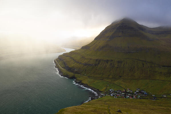 Funningsførdur viewed from Gonguturur Hvithamar trailhead, Sunda municipality, Eysturoy, Faroe Islands, Denmark, Scandinavia, Europe