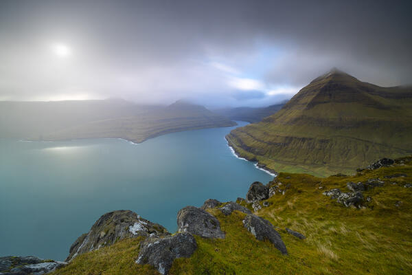 Funningsførdur viewed from Gonguturur Hvithamar trailhead, Sunda municipality, Eysturoy, Faroe Islands, Denmark, Scandinavia, Europe