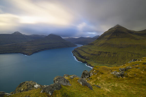 Funningsførdur viewed from Gonguturur Hvithamar trailhead, Sunda municipality, Eysturoy, Faroe Islands, Denmark, Scandinavia, Europe