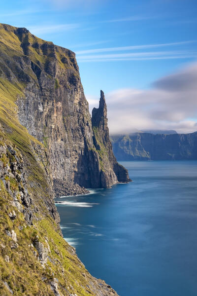 Trollkonufingur or Witches Finger, Sandavagur, Vagar, Faroe Islands, Denmark, Scandinavia, Europe