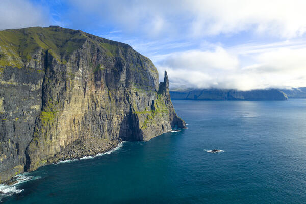 aerial view, taken by drone of Trollkonufingur or Witches Finger, Sandavagur, Vagar, Faroe Islands, Denmark, Scandinavia, Europe