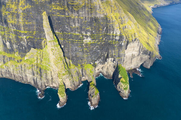 aerial view, taken by drone of Trollkonufingur or Witches Finger, Sandavagur, Vagar, Faroe Islands, Denmark, Scandinavia, Europe