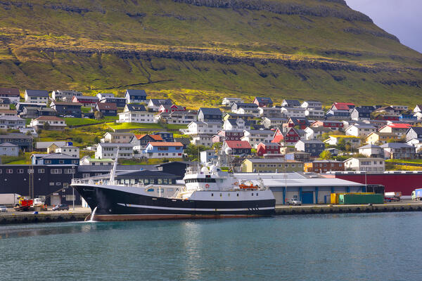 the Klaksvik port with the typical house in background, Faroe Islands, Denmark, Scandinavia, Europe