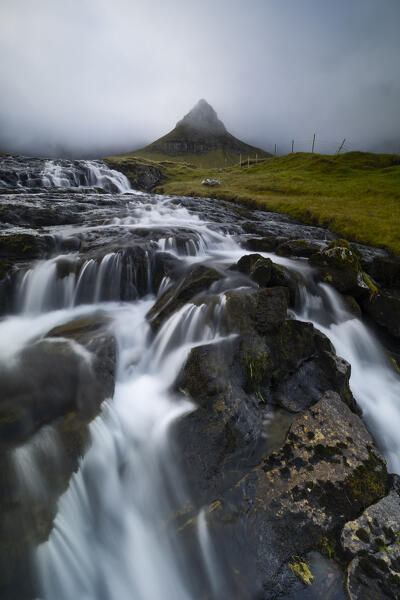 The mountain and waterfall near Gjogv, Sunda municipality, Eysturoy, Faroe Islands, Denmark, Scandinavia, Europe