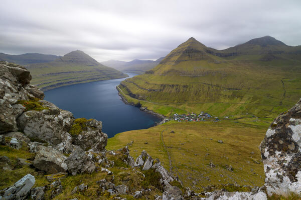 Funningsførdur viewed from Gonguturur Hvithamar trailhead, Sunda municipality, Eysturoy, Faroe Islands, Denmark, Scandinavia, Europe