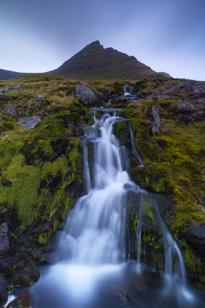 Slaettaratindur mountain and waterfall near Gjogv, Sunda municipality, Eysturoy, Faroe Islands, Denmark, Scandinavia, Europe