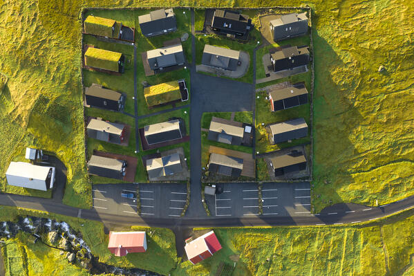 aerial vertical view taken by drone of little village called  Gjogv during an autumn day, Eysturoy, Faroe Island, Denmark, Europe