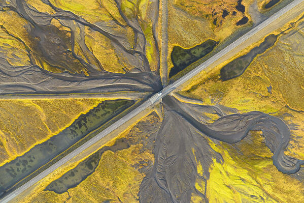 aerial abstract view, taken by drone, of icelandic coloured surface during an autumn day, Iceland, Europe
