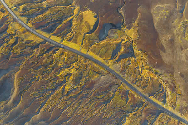 aerial abstract view, taken by drone, of icelandic coloured surface during an autumn day, Iceland, Europe