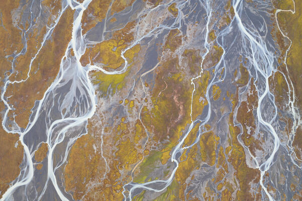 aerial abstract view, taken by drone, of icelandic coloured surface during an autumn day, Iceland, Europe